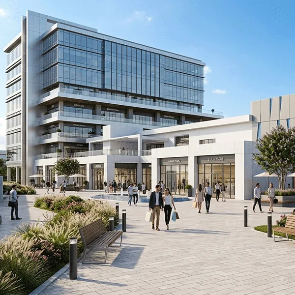 Centro comercial moderno en Costa Rica con locales de retail, vitrinas continuas y area peatonal