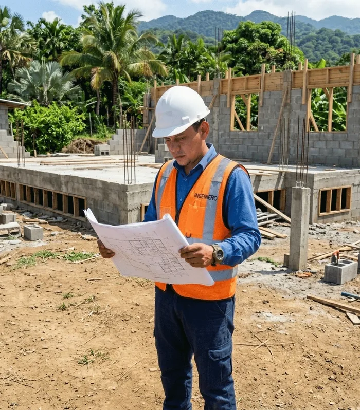 Ingeniero de Kosago Corp revisando planos de construccion en una obra en Costa Rica