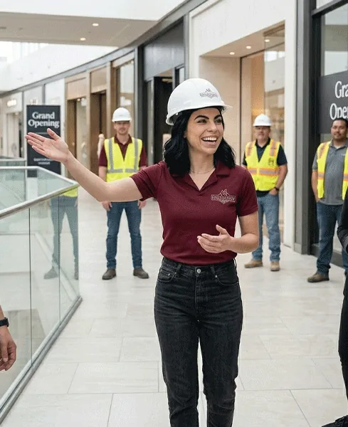 Supervisora de Kosago Corp con casco coordinando la obra de un local comercial